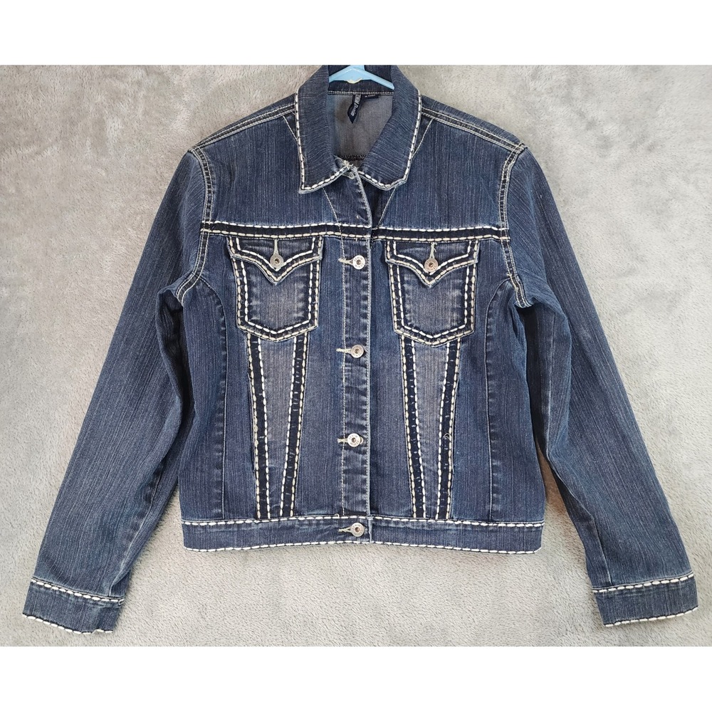 Zenim Denim Jacket Womens Medium Blue Dark Wash Contrast Thick Stitch Trucker